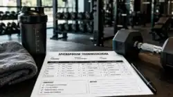 Uitgeprint spieropbouw trainingsschema met dumbbell en shaker in de sportschool.