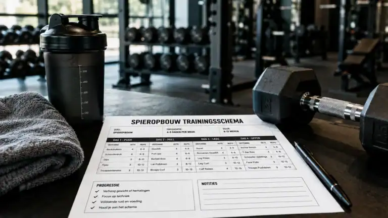 Uitgeprint spieropbouw trainingsschema met dumbbell en shaker in de sportschool.