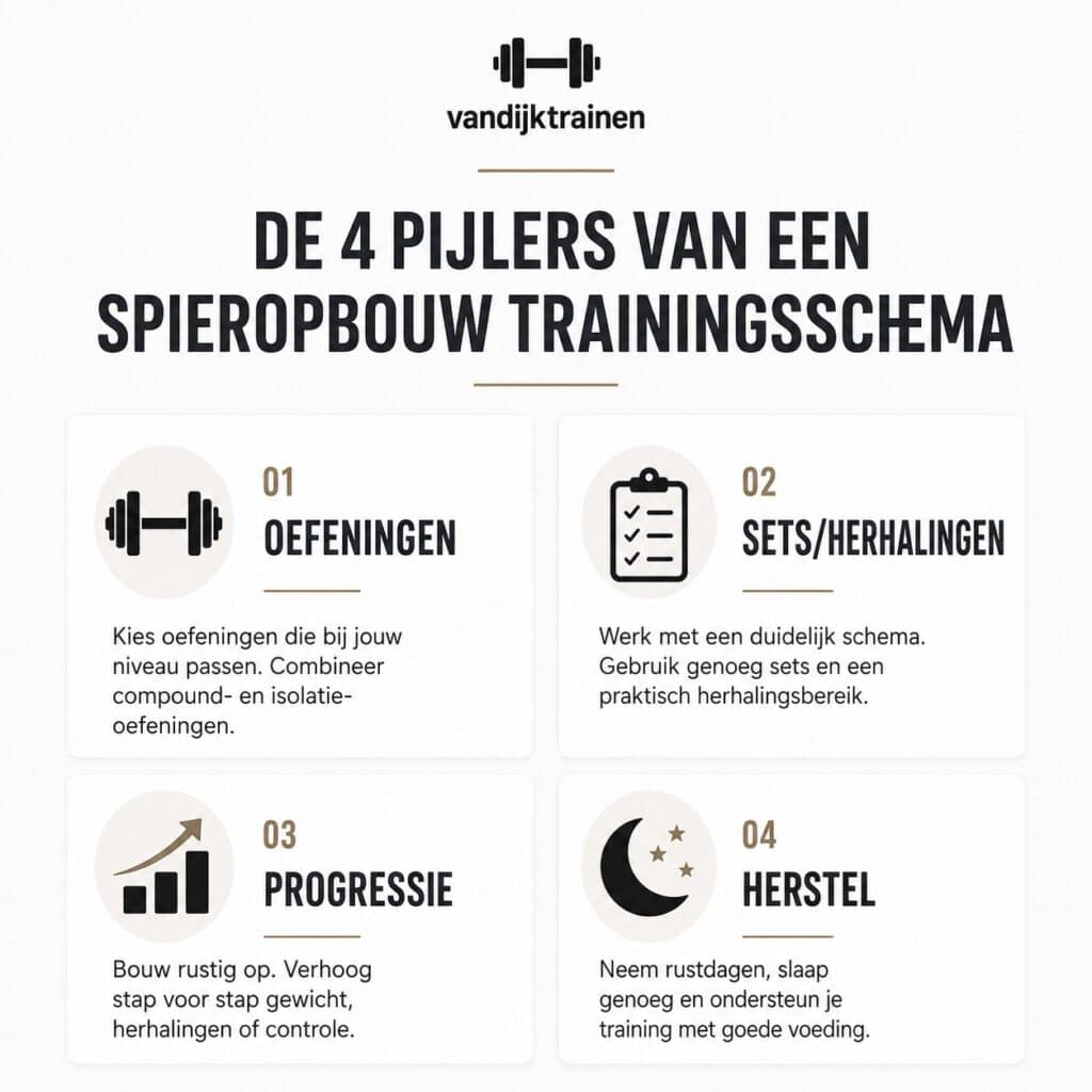 Infographic van VanDijkTrainen met de 4 pijlers van een spieropbouw trainingsschema: oefeningen, sets en herhalingen, progressie en herstel.