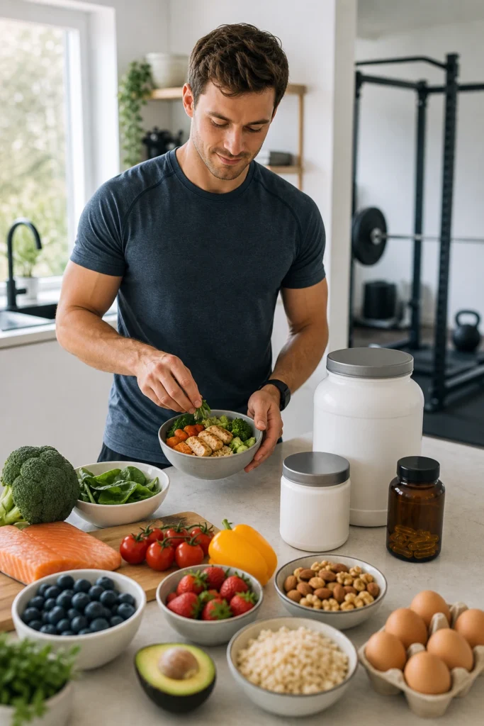 Sporter bereidt een gezonde maaltijd met whey, creatine en omega 3-supplementen op het aanrecht.