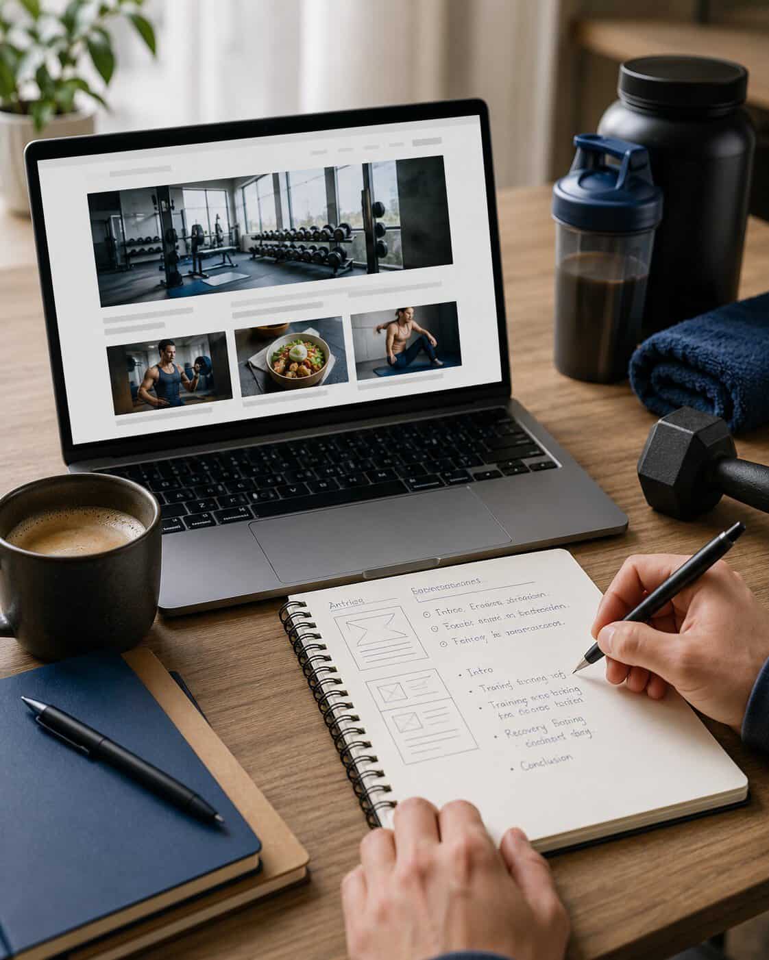 Voorbereiding van een advertorial of gastartikel over fitness en gezondheid.