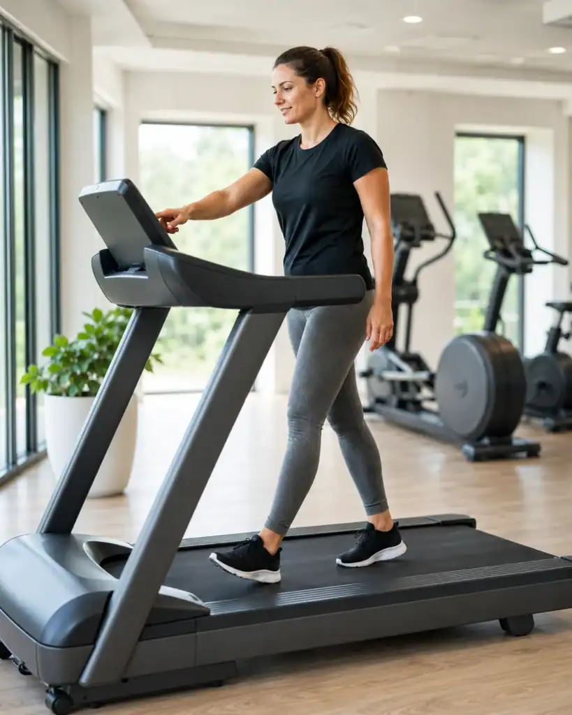 Sporter wandelt op een loopband om af te vallen met cardio.