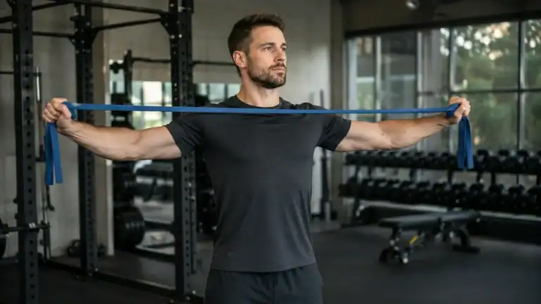 Sporter doet een barbell squat terwijl een trainer de techniek controleert om blessures te voorkomen.