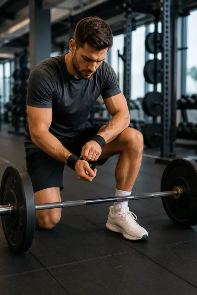 Sporter doet polssteunen om naast een halterstang als voorbereiding op veilige krachttraining.