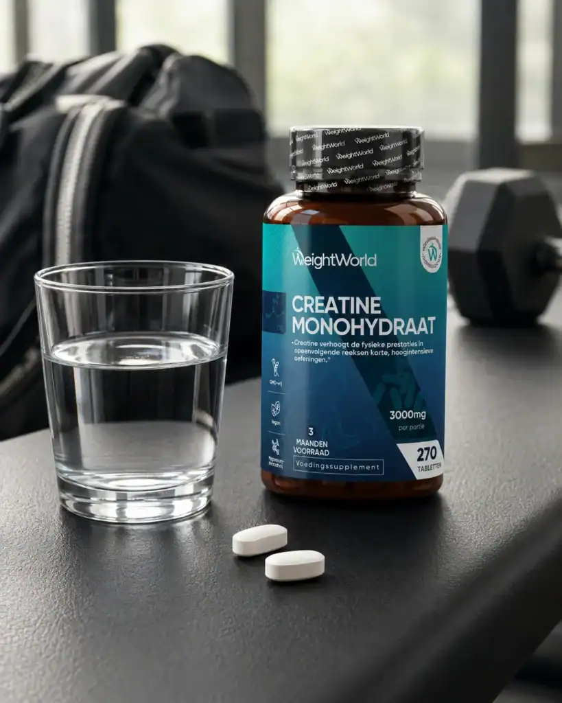 Twee creatinetabletten naast een glas water en een pot creatine monohydraat.