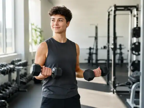 Beginnende sporter doet krachttraining met lichte dumbbells in een moderne sportschool