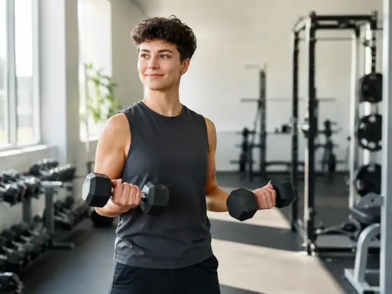Beginnende sporter doet krachttraining met lichte dumbbells in een moderne sportschool