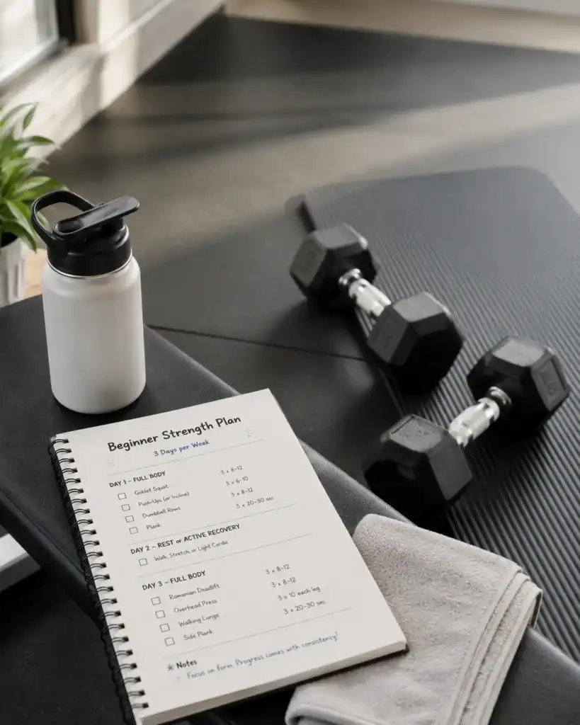 Simpel trainingsschema voor krachttraining beginners met dumbbells, bidon en handdoek