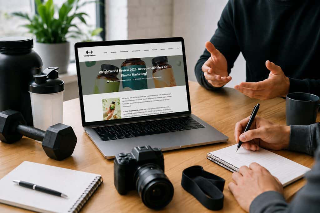 Zakelijke bespreking over een samenwerking met VanDijkTrainen, met fitnessproducten en de website op een laptop.