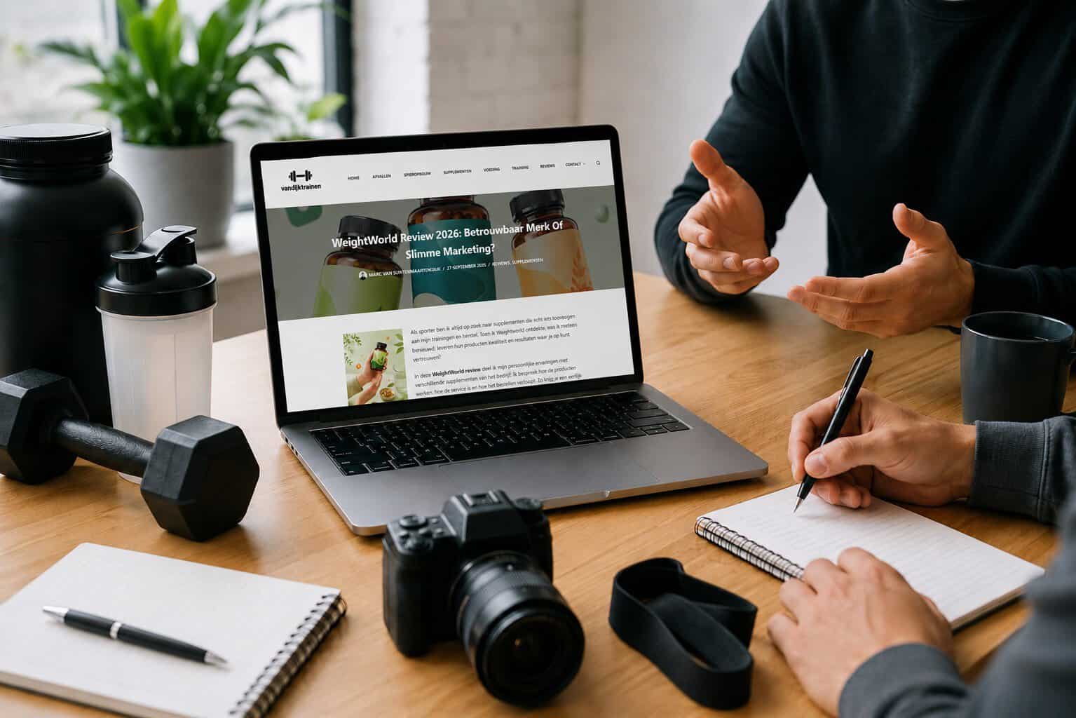 Zakelijke bespreking over een samenwerking met VanDijkTrainen, met fitnessproducten en de website op een laptop.