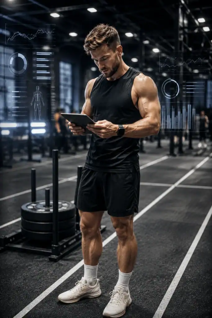 Atleet bekijkt HYROX-prestaties op een tablet met data-analyse op de achtergrond