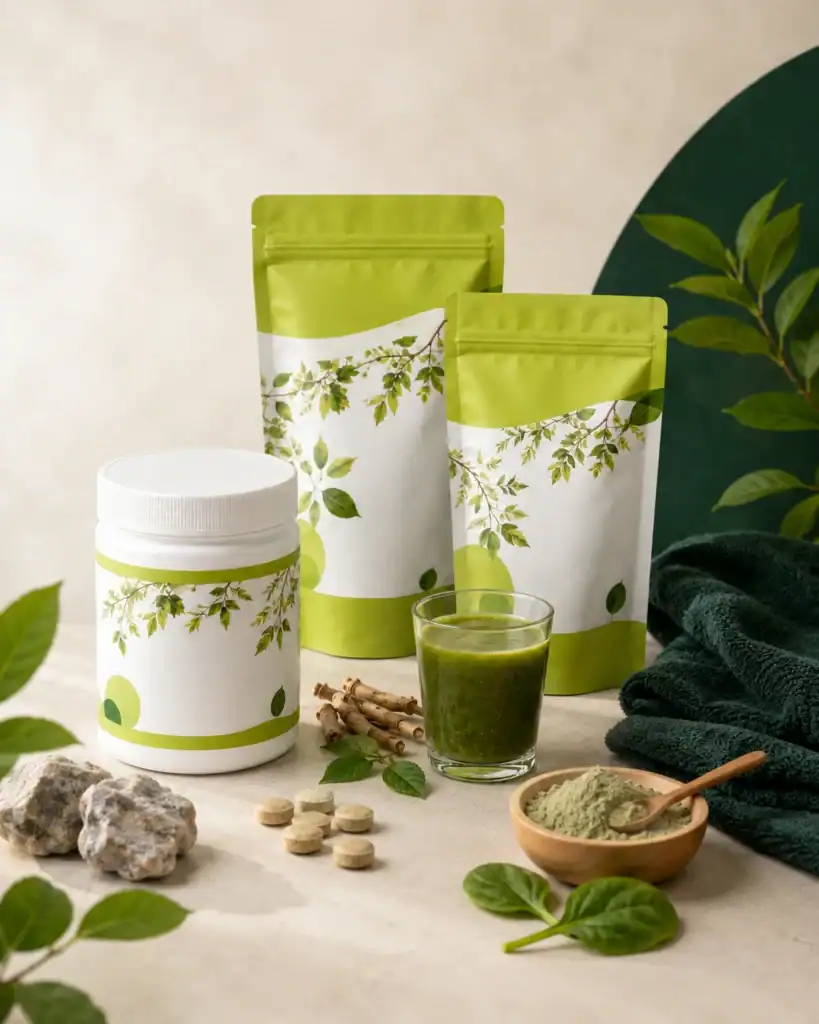Groen-witte supplementen met tabletten, groen poeder en groene juice bij de Natuurlijk Presteren review.
