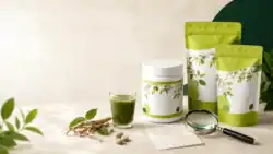 Groen-witte supplementen met groene juice, vergrootglas en checklist voor de Natuurlijk Presteren review 2026.