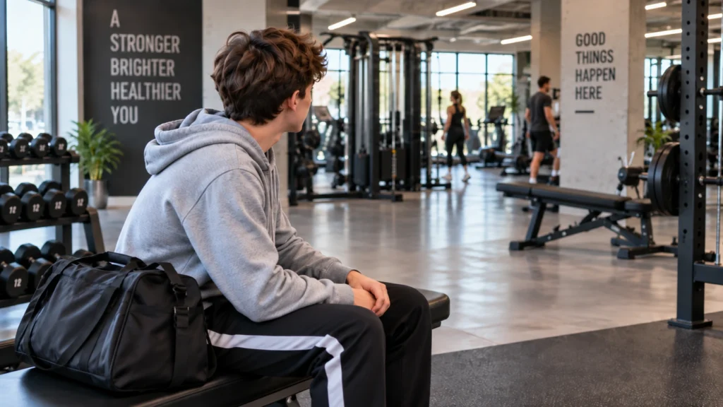 Jonge beginner tijdens zijn eerste keer in de sportschool