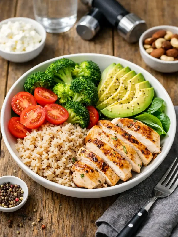 Gezonde maaltijd voor sporters met kip, rijst, broccoli en avocado